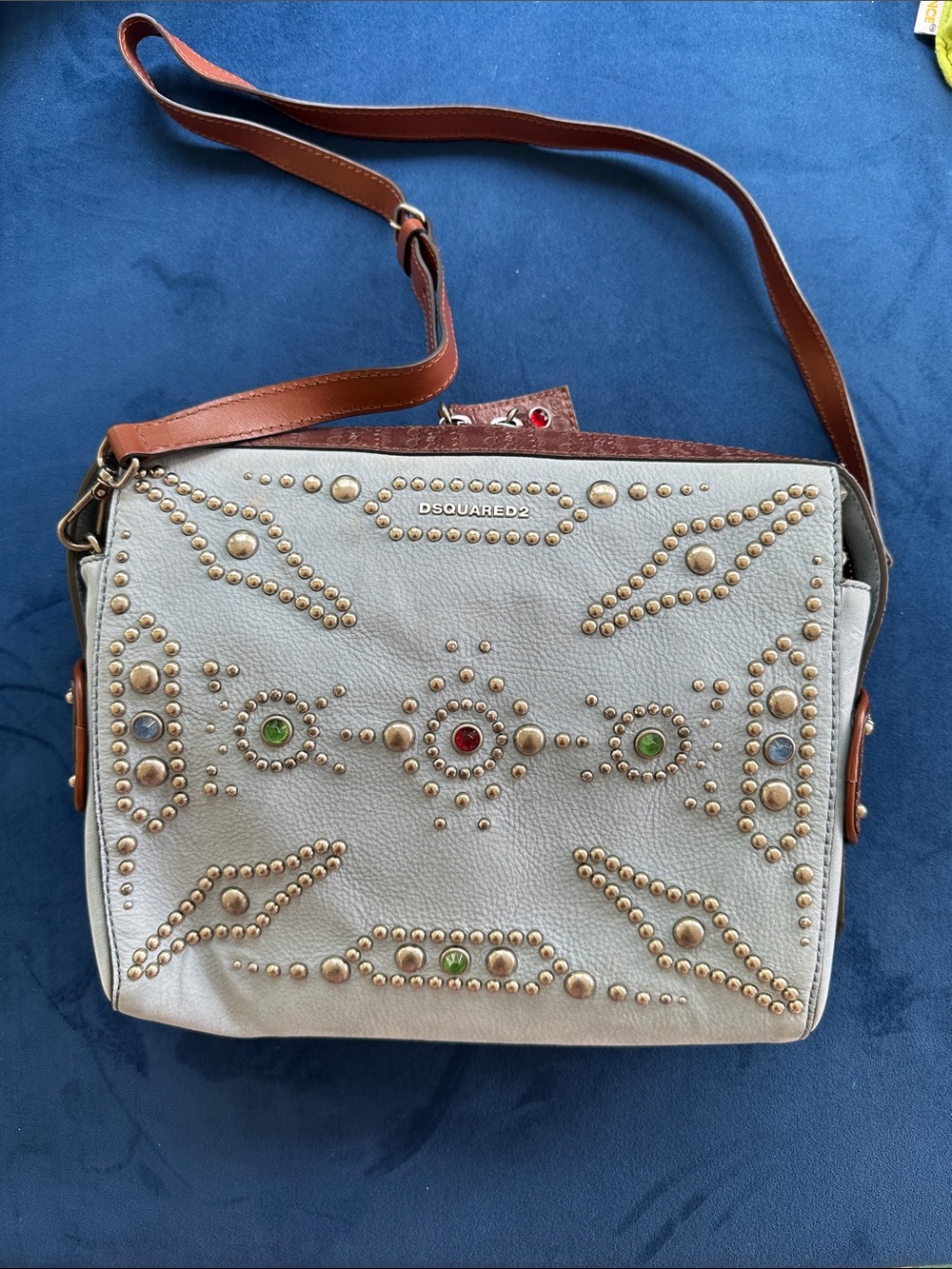 DSQUARED2 Leather Crossbody with Brown Strap and Multicolored Jewel Studs
